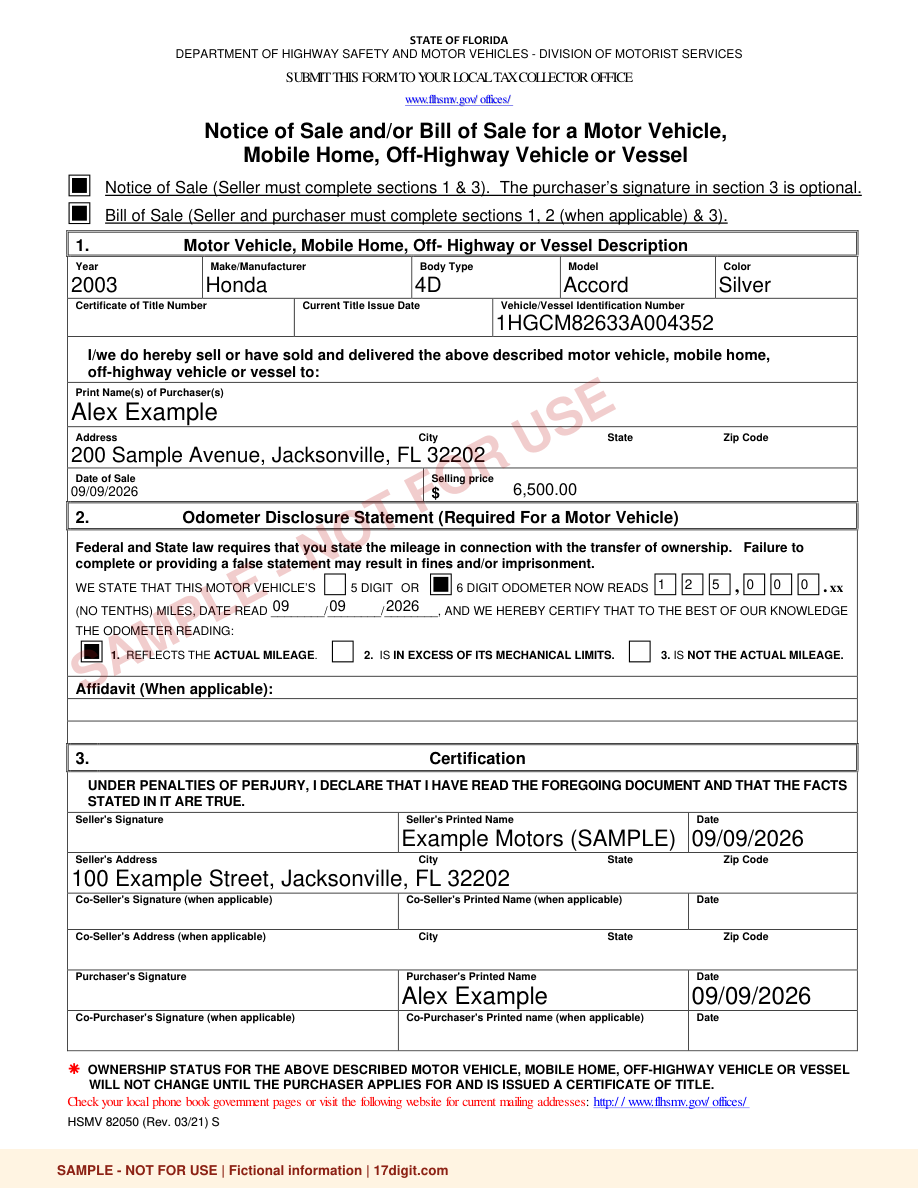 Watermarked sample Florida bill of sale populated by 17digit